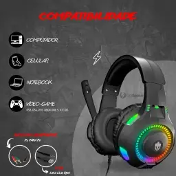 Fone De Ouvido Headset Gamer Luz Led RGB Compatível com Computador, Celular — imagem 3