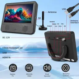 Tela de TV IPS 1080P de 7 polegadas, televisão pequena com sintonizador digital — imagem 3