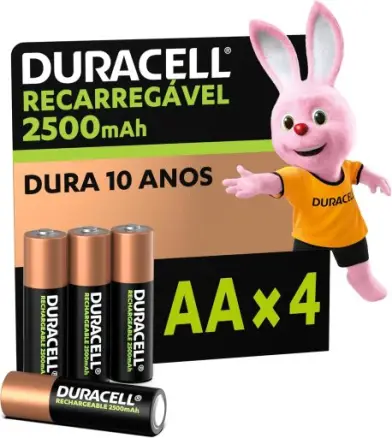 Duracell Pilha Recarregável AA 2500mAh Pequena Com 4 Unidades – Ideal para