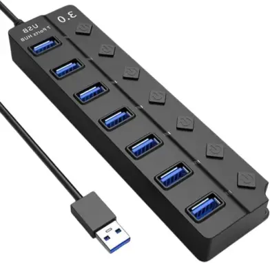 Hub USB 3.0 Com 7 Portas, Botões Individuais, LED