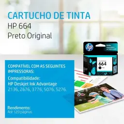 Cartucho de Tinta HP 664 Preto Original (F6V29AB) Para Impressora Deskjet 2136 — imagem 3