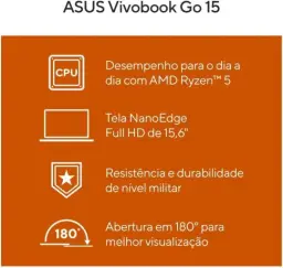 Notebook ASUS VivoBook Go 15, AMD RYZEN 5 7520U, 8GB, 512GB SSD, W11 Home — imagem 6