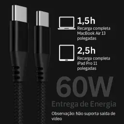 Cabo USB-C 2 metros Tipo C Turbo 60W Ultra Rapido Nylon Trançado e Reforçado — imagem 2