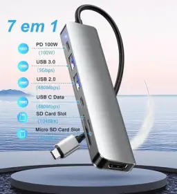 Hub USB-C 7 em 1, Adaptador Multiportas com HDMI 4K 60Hz, 2 Portas USB 3.0 — imagem 2