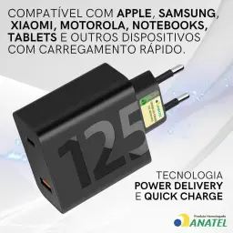 Carregador Turbo 125W Duas Portas + Cabo USB Tipo C de 1m — imagem 3