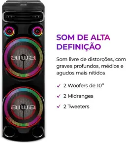 Torre de Som AIWA T2W-02 2300W 2Woofers10" Bluetooth RGB USB FM DJ — imagem 4