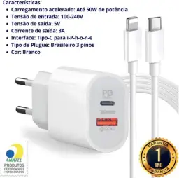 Carregador 50W + Cabo Compatível i.Phone, i.Phone X Xr 8 11 12 13 14 Plus Pro — imagem 3