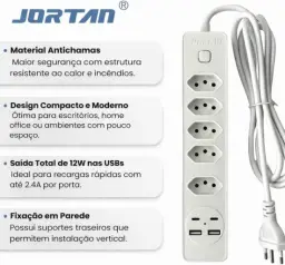 Filtro de Linha 5 Entradas 2 Portas USB 2 Portas Tipo C Régua de Energia 5 — imagem 4
