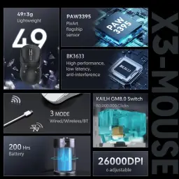 ATTACK SHARK X3 Mouse SUPERLIGHT 49g,sensor de jogo PixArt PAW3395 — imagem 3