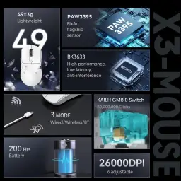 ATTACK SHARK X3 Mouse SUPERLIGHT 49g,sensor de jogo PixArt PAW3395 — imagem 3